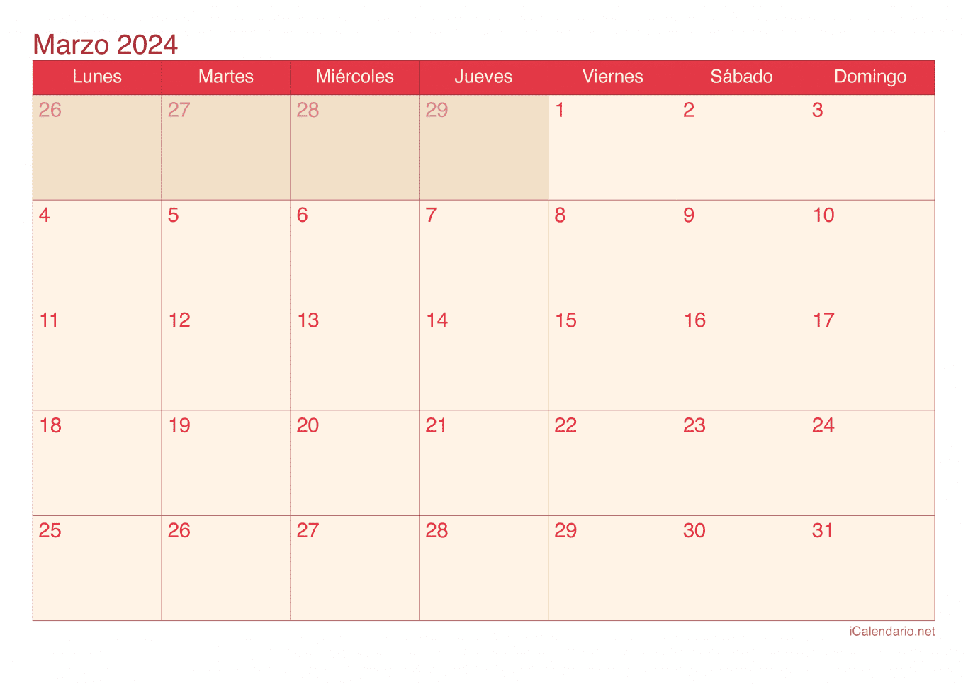 Calendario de marzo 2024 - Cherry